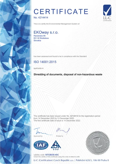 Certifikát ISO 14001:2015, anglická verzia