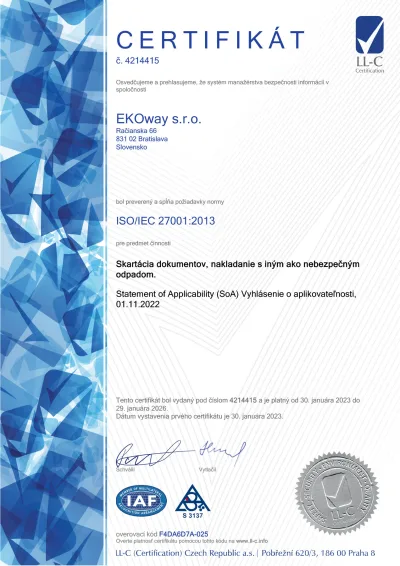 Certifikát ISO/IEC 27001, slovenská verzia